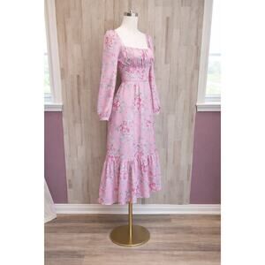Wayf Pink Barbie Floral Square Neck Milkmaid REN Faire Dress Peplum Romantic Med